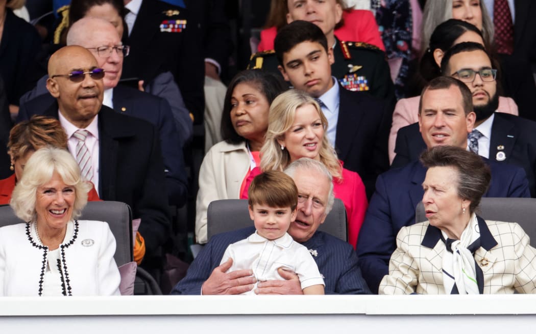 Britain's Prince Charles with Prince Louis of Cambridge, in between Camilla (left) and Princess Anne (right) during the Platinum Pageant in London on 5 June 2022.