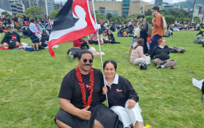 Protesters relax at Waitangi Park after te Hīkoi mō te tiriti reached Parliament.