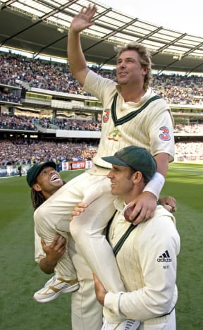 Andrew Symonds and Matthew Hayden lift retiring bowler Shane Warne after his last Test at the MCG, 2006.