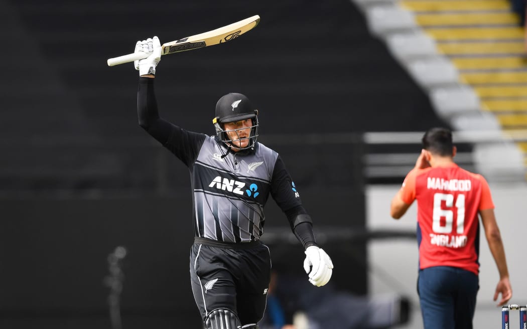 Martin Guptill celebrates his 50 during the New Zealand Black Caps v England Twenty20 Cricket match at Eden Park. Auckland, New Zealand.