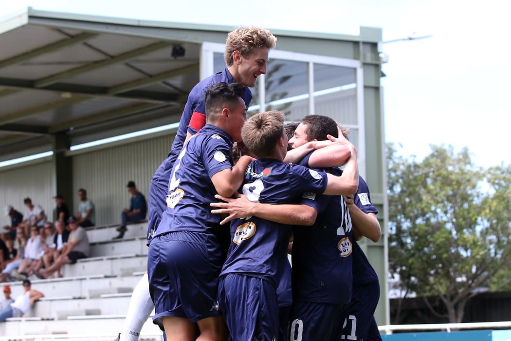 Auckland celebrate Leon Van Den Hoven's goal. Auckland City defeat Tasman United 5 - 2 to take out the 2017 National Youth League Title, NYL, Auckland City FC v Tasman United, Kiwitea Street Auckland, Saturday 16th December 2017. Photo: Shane Wenzlick / www.phototek.nz