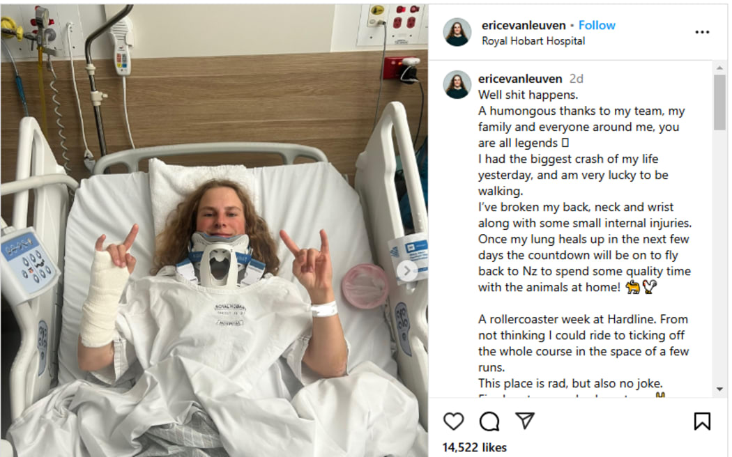 Hutt Valley Mountain Biker Erice van Leuven says she endured the "biggest crash of my life" at the Red Bull Hardline event in Tasmania over the weekend.