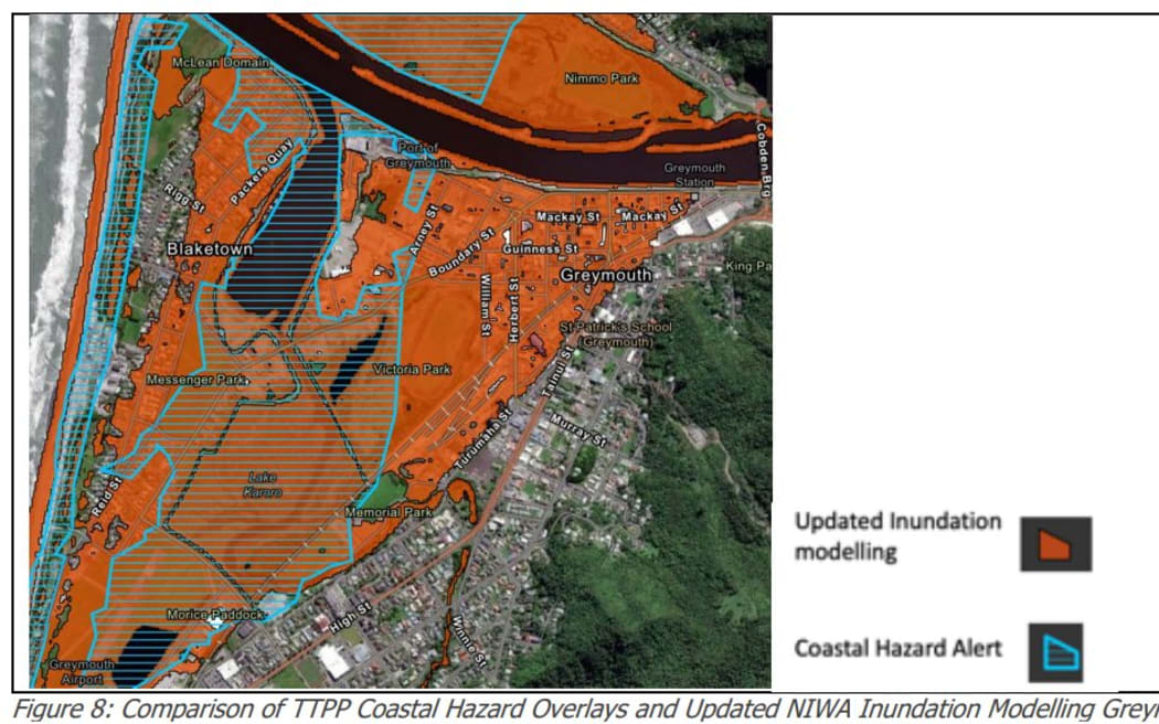 Updated Lidar modelling for the towns of Greymouth and Hokitika showing coastal inundation (in red) compared to the existing hazard overlays included within the Te Tai o Poutini Plan (blue lines).