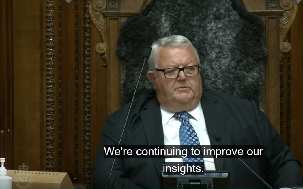 Speaker Gerry Brownlee talks during The House meeting with closed captions displayed on Parliament's stream.