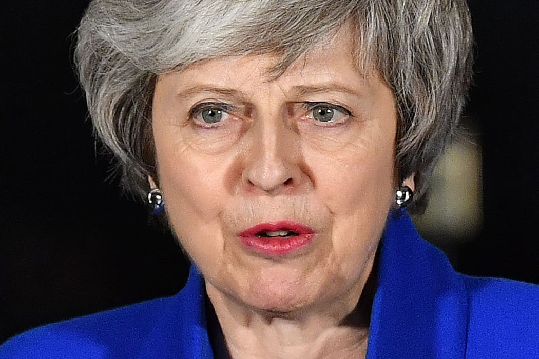 Britain's Prime Minister Theresa May delivers a speech to members of the media in Downing Street in London on January 16, 2019, after surviving a vote of no confidence in her government.