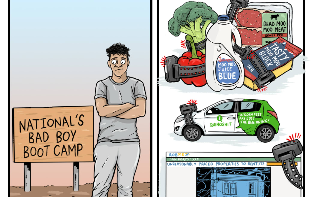 Comic by artist Daniel Vernon "Being Tough on Crime means being tough on poverty" and a young man next to a sign "National's Bad Boy Boot Camp"