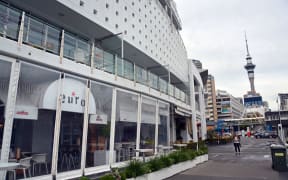 The Hilton Hotel in Auckland with the Sky Tower in the background.