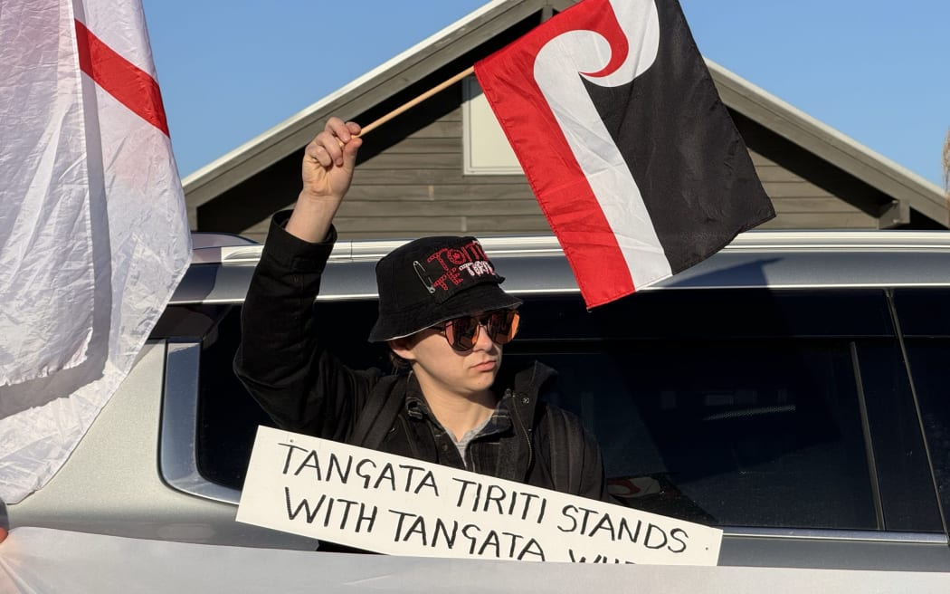 A protest in Kaipara as Te Rūnanga o Ngāti Whātua served the Kaipara District Council with an injunction in an attempt to stop the vote on Māori wards. Credit: Layla Bailey-McDowell