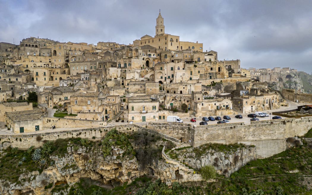 Aerial of Sassi di Matera, UNESCO World Heritage Site, Basilicata, Italy, Europe.