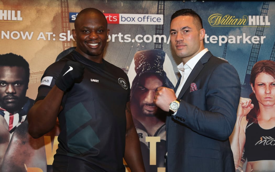 Dillian Whyte (L) and Joseph Parker at the final press conference before their heavyweight bout in London.