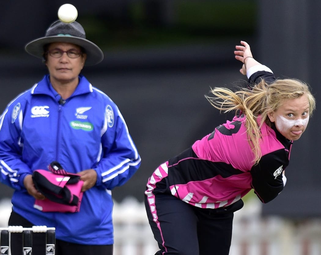 New Zealand's Leigh Kasperek bowls during the 2nd Women's T20 International - New Zealand v Australia cricket match at the Basin Reserve in Wellington.