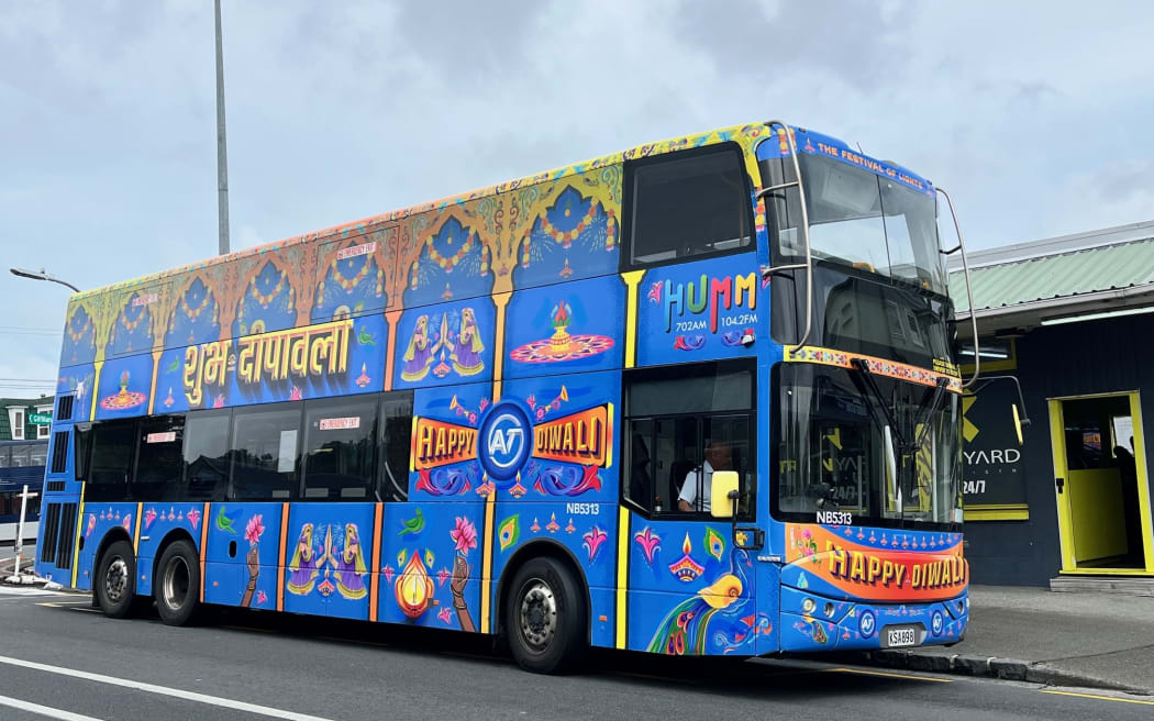 Auckland Transport has decorated a bus in festive colours ahead of Diwali celebrations in the CBD on 11-12 October. (Photo taken in Blockhouse Bay, Auckland, on Oct. 7, 2025)