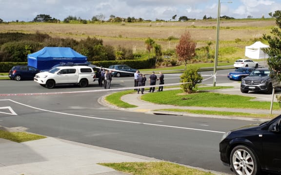 Police at the scene on Westgate Drive in Massey, where a woman was stabbed and died.