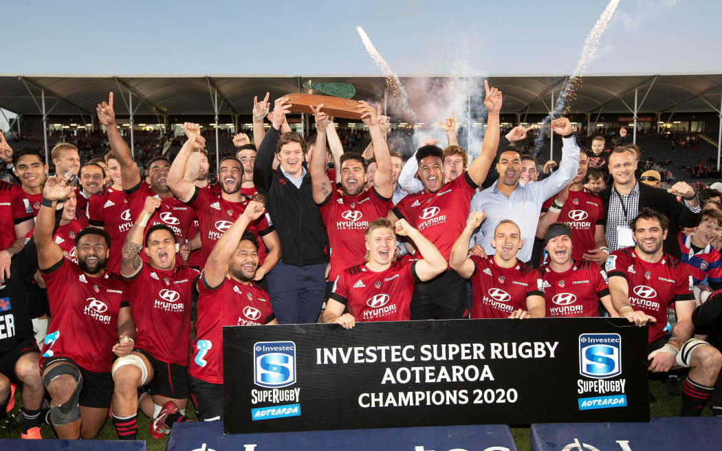 Crusaders celebrate. Crusaders vs. Highlanders. Super Rugby Aotearoa. Orangetheory Stadium, Christchurch, New Zealand, Sunday 9 August 2020. Â© Copyright image by Martin Hunter / www.photosport.nzn