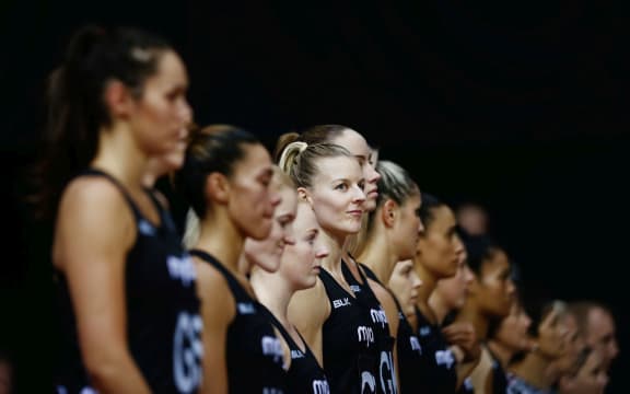 Silver Ferns standing for national anthem