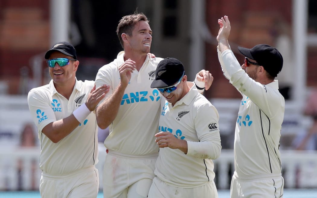 Tim Southee celebrates another England wicket.