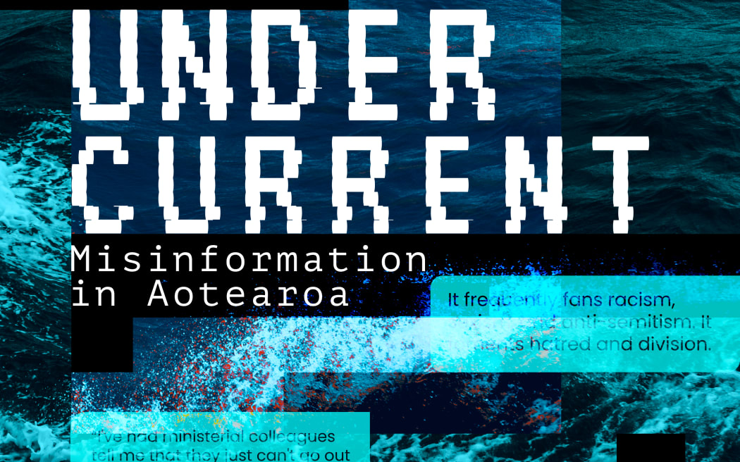 A promotional image for "UNDERCURRENT: Misinformation in Aotearoa" shows a collage of ocean waves with fragmented text overlays. The main title is in bold, pixelated white font. Quotes about the impacts of misinformation are scattered throughout in cyan text boxes. With the RNZ logo.