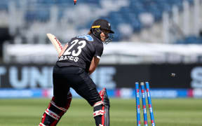 Suzie Bates of New Zealand is bowled out by Lauren Filer of England, Durham, 2024.