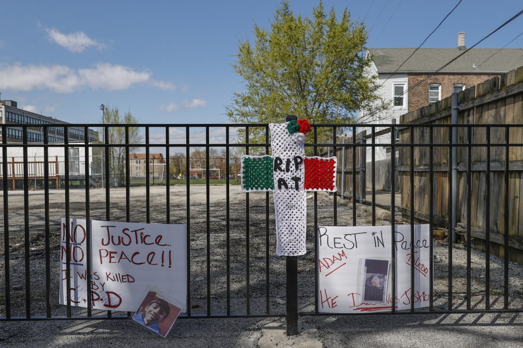 A small memorial is seen where 13-year-old Adam Toledo was shot and killed by a Chicago Police officer in the Little Village neighborhood.