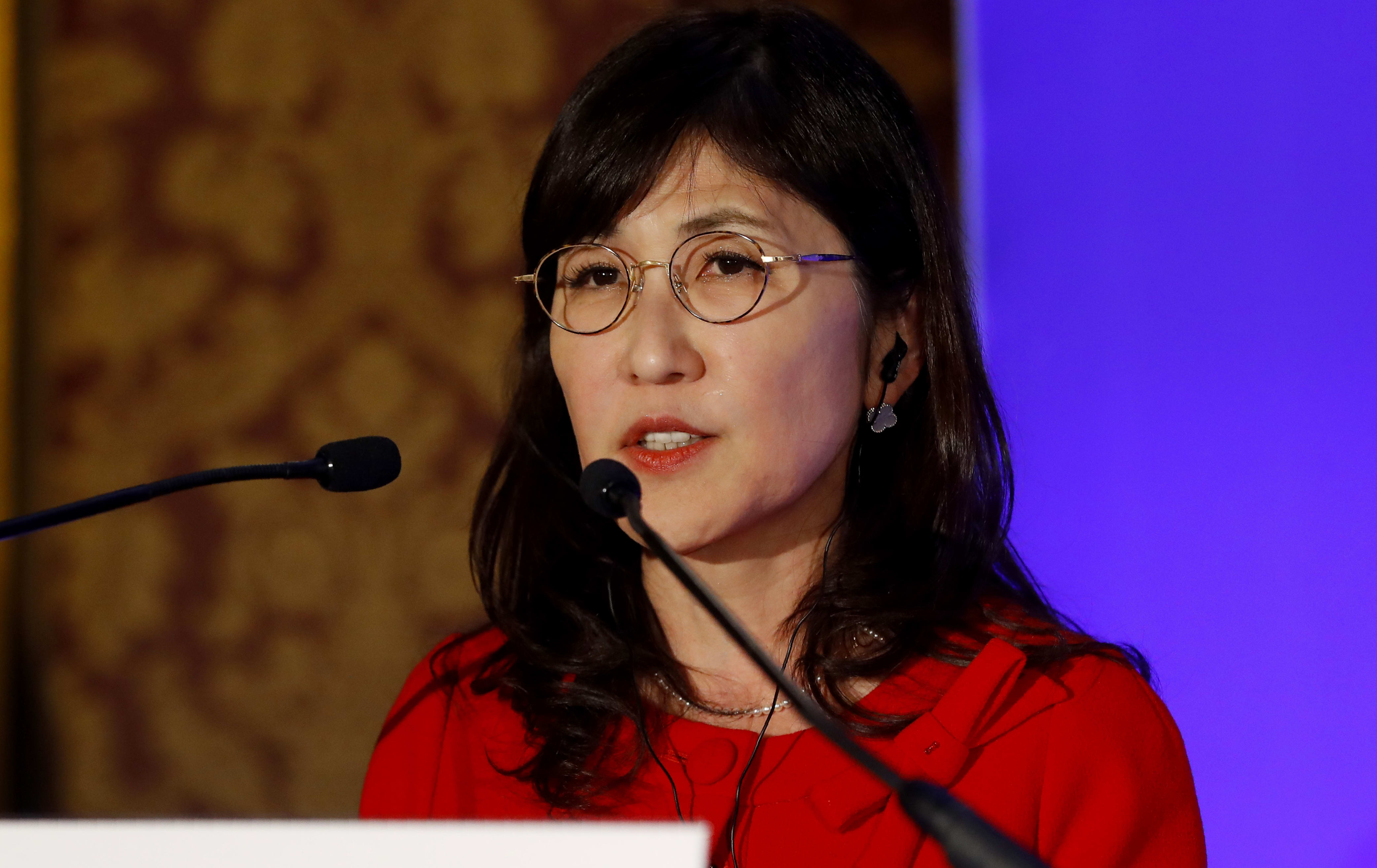 Japanese Defence Minister Tomomi Inada addresses a press conference following a Franco-Japanese political-military dialogue meeting on January 6, 2017 in Paris.