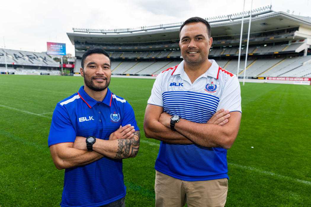 Manu Samoa halfback Dwayne Polotaivao and head coach Steve Jackson.