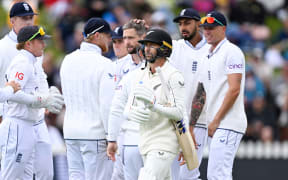 Devon Conway heads back to the dressing room on the third day of the second cricket test between New Zealand and England at the Basin Reserve, Wellington.