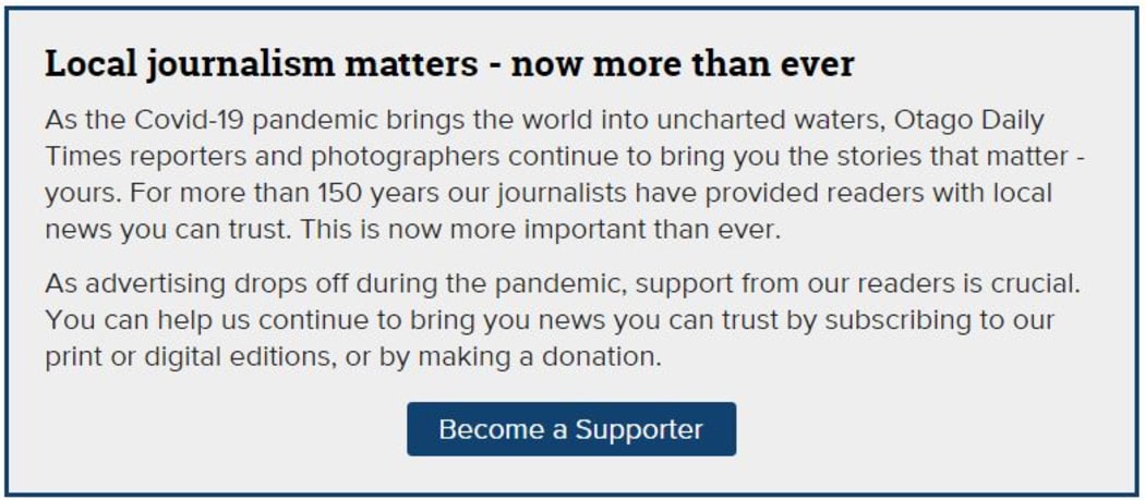 The Otago Daily Times pitch for support to readers on its website.