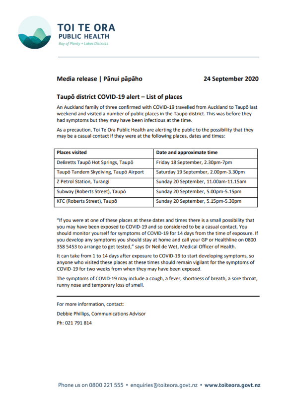 A public health notice showing where Covid-19 infected family had been in Taupō.