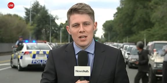 Thomas Mead reporting live from outside Al Noor mosque in Christchurch on 15 March 2019.