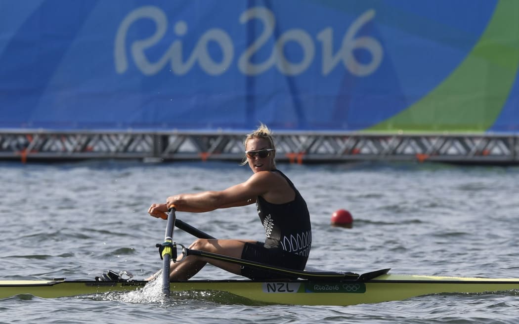 New Zealand's Emma Twigg rows during the Women's Single Sculls Quarterfinal rowing competition at the Lagoa stadium during the Rio 2016 Olympic Games in Rio de Janeiro on August 9, 2016.