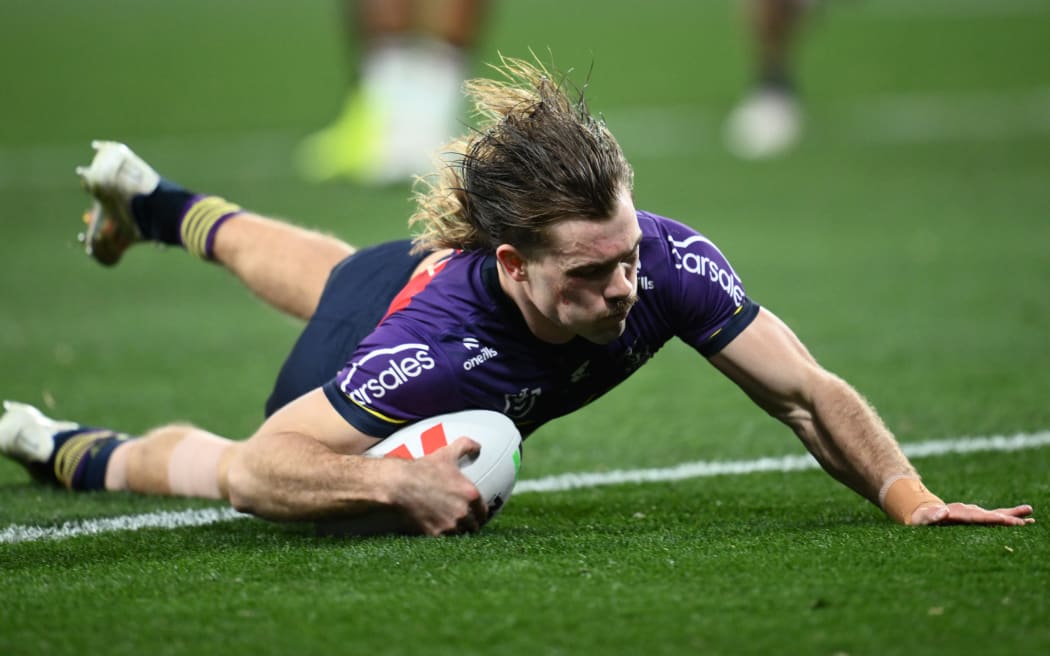 Ryan Papenhuyzen of the Storm scores a try during the NRL Preliminary Final match between the Melbourne Storm and the Sydney Roosters at AAMI Park Friday, September 27, 2024.  (AAP Image/Joel Carrett/Photosport)