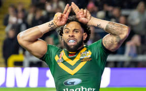 Australia's Josh Addo-Carr celebrates his try.