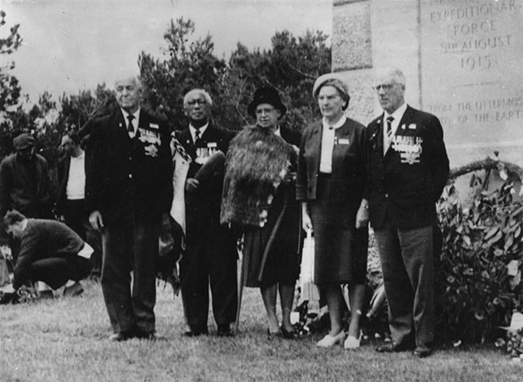 Pirimi Tahiwi and his wife Mairatea (second and third from left) photographed in 1965 with RSA officials at the New Zealand Memorial, Chunuk Bair, 50 years after the Gallipoli campaign.