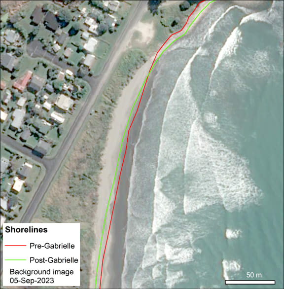 The Mahanga Beach shoreline before and after Cyclone Gabrielle.