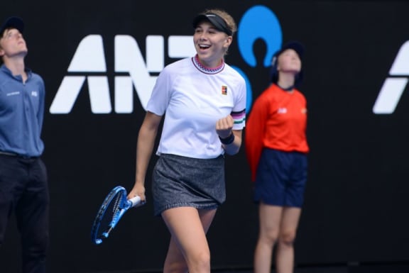 Amanda Anisimova of USA gestures after winning her Australian Open 2019 Women's Singles match against Aryna Sabalenka of Belarus on January 18, 2019.