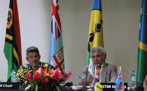Vanuatu's deputy prime minister Matai Seremaiah, left, and MSG director general Leonard Louma at the opening of the 22nd MSG Leaders's Summit Foreign Ministers' Meeting in Port Vila. 21 August 2023