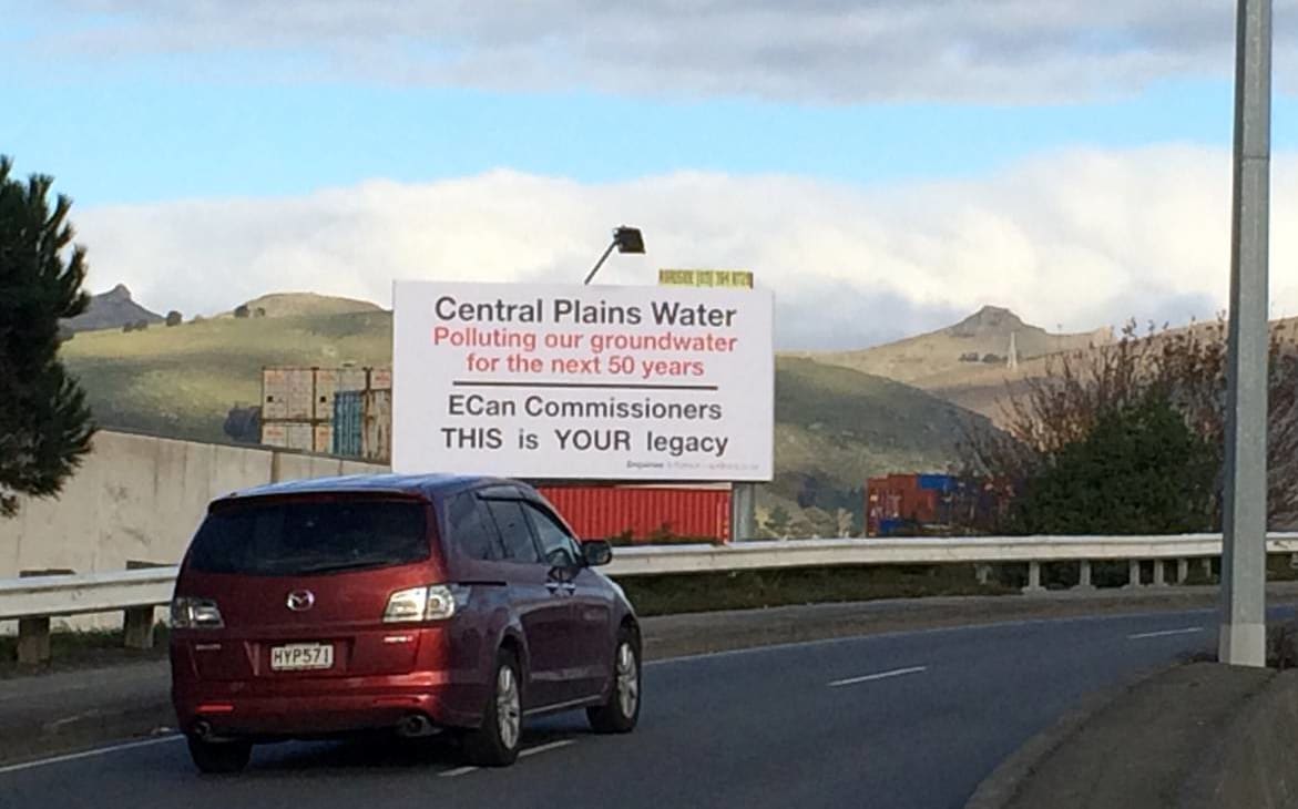 The billboard Angus Robson erected in Christchurch protesting the Central Plains Water irrigation scheme