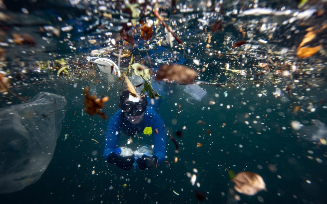 Turkish world record-holder free-diver Sahika Encumen collects rubbish from the sea as she dives in Ortakoy coastline to observe the life and pollution in the Bosphorus in Istanbul, Turkey on June 27, 2020.