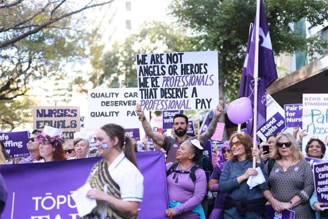 The nurses rally in Wellington on 9 June 2021.