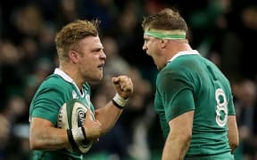 Ireland vs Australia. Ireland's Ian Madigan and Jamie Heaslip celebrate winning a late penalty to end the game.