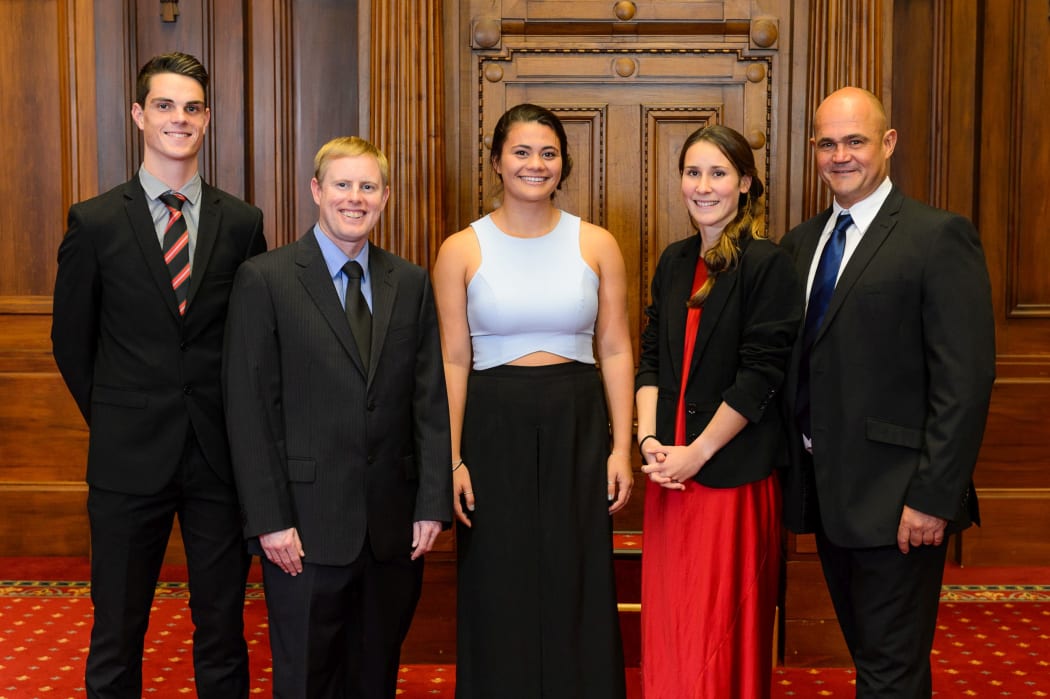 (L-R) Surf life-savers Jackson Smith, Nicholas Tomkins, Leilani Fuemana, Simone Hollier and Duncan Clarke.