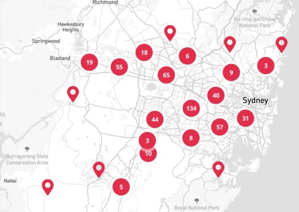 A map showing the locations of new Covid-19 cases in the wider Sydney area on Friday.