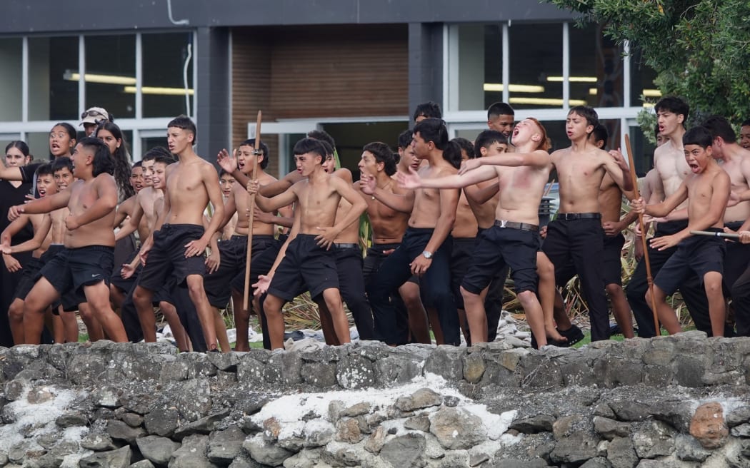 The Governor-General Dame Cindy Kiro's official Northland visit: Students from Te Kāpehu Whetū perform a rousing haka from the shore.