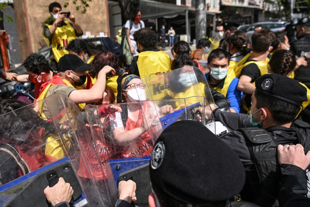 Demonstrators clash with Turkish police, who arrested dozens at a May Day rally in Besiktas, a district of Istanbul.