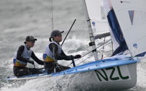 New Zealand's Jo Aleh and Polly Powrie competing in the Rio Olympics.