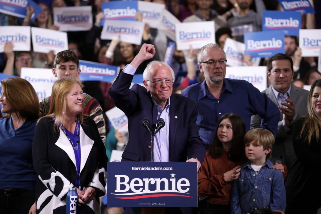 Democratic presidential candidate Sen. Bernie Sanders addresses supporters at his Super Tuesday night event in Vermont.