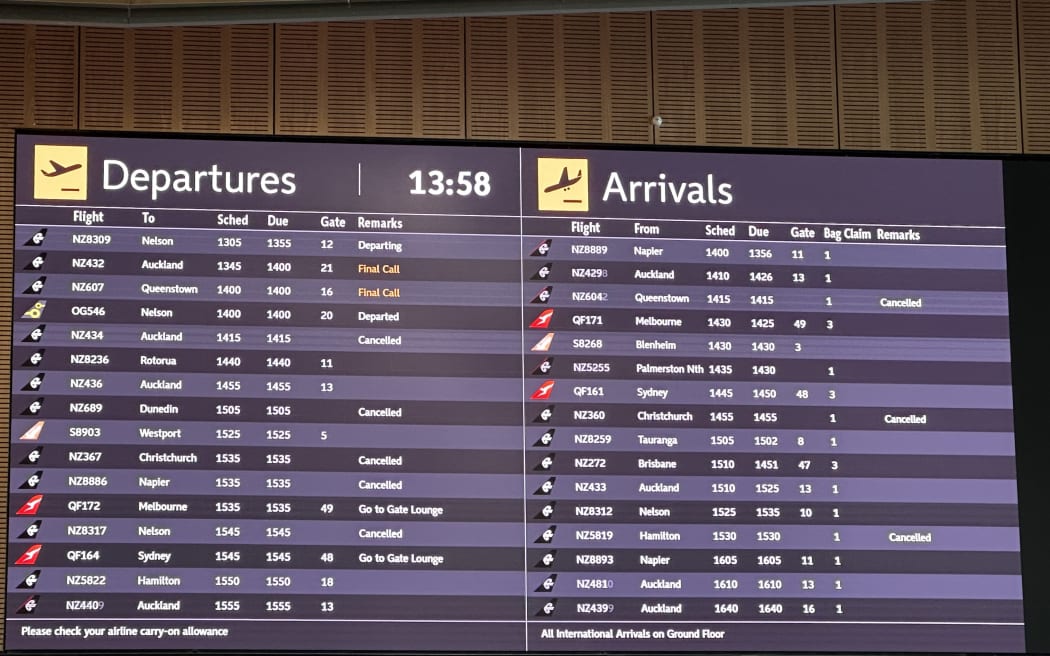 Arrivals and departures board at Wellington Airport showing a number of cancelled flights.