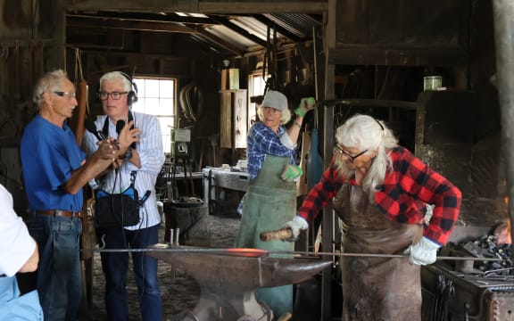 RNZ Country Life's Mark Leishman interviewing Colin Martin at Nicol's Blacksmith Shop Duntroon