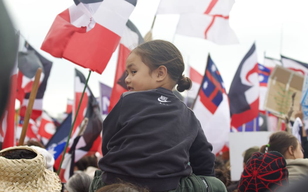 Tamariki on the shoulders of whānau during the Hamilton hīkoi.