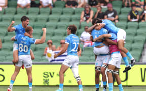 Uruguay celebrate after defeating New Zealand during the Rugby SVNS Series at HBF Park in Perth, Friday, January 24, 2025. ((AAP Image/Richard Wainwright/Photosport)